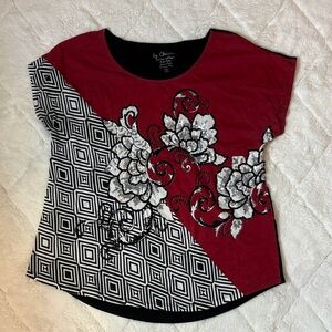 Chico's Burgundy and Black Floral Geometric Top